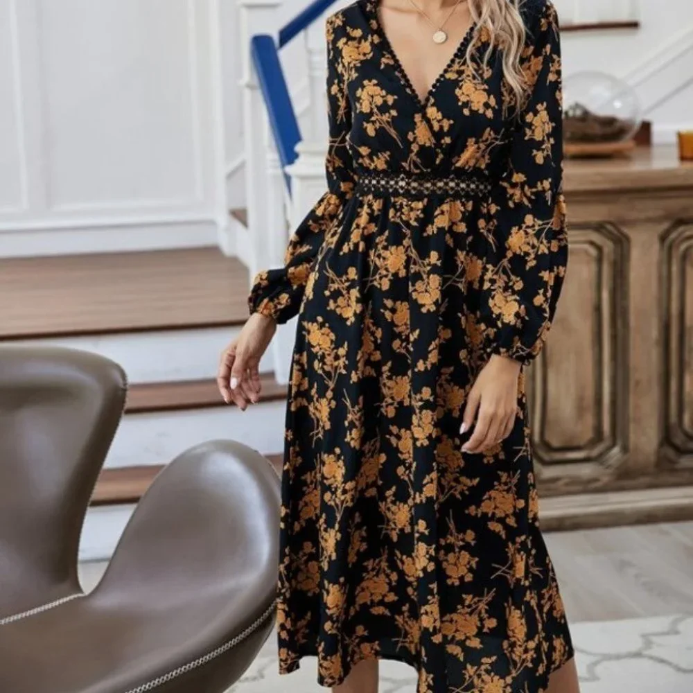 black floral print v neck ruffle long sleeve dress - Picture 3 of 6